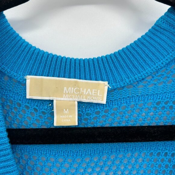 MICHAEL KORS Teal Blue Open Knit V-Neck Hi-Low Tunic Sweater Top Size Medium - Picture 5 of 6